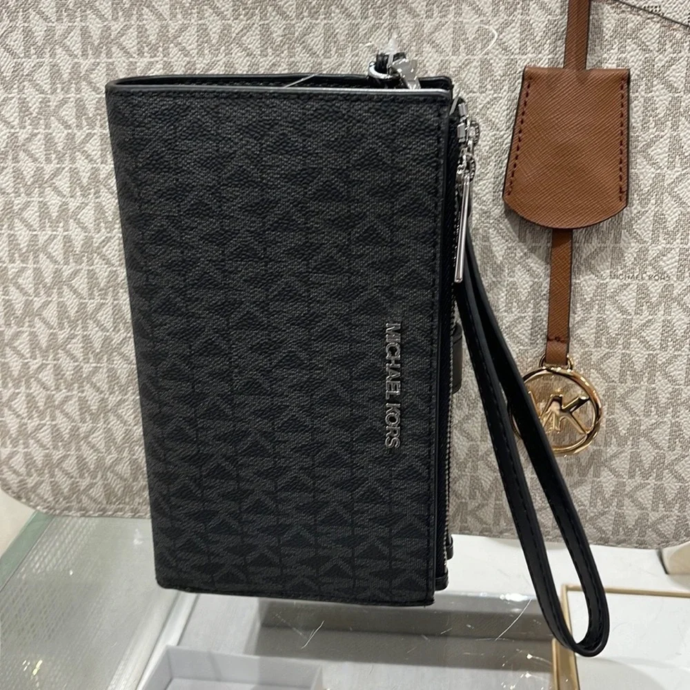 MICHAEL KORS LARGE DOUBLE ZIP WRISTLET PHONEHOLDER WALLET CLUTCH BLACK SIGNATURE